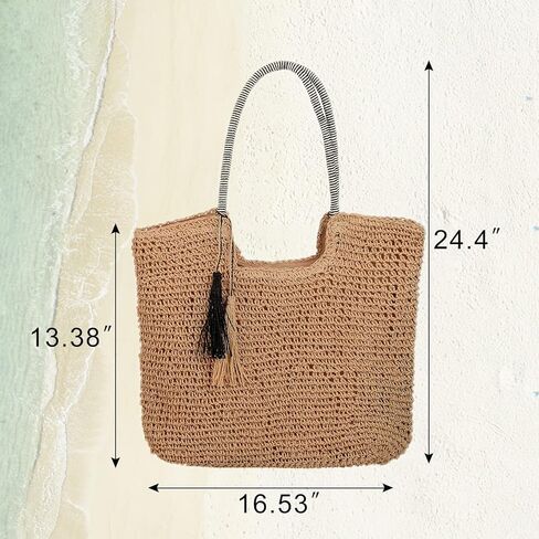 حقيبة حمل من القش من LUJENGEFA للنساء حقيبة شاطئ صيفية كبيرة حقائب كتف منسوجة مع شرابات in Kuwait