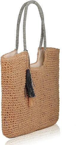 حقيبة حمل من القش من LUJENGEFA للنساء حقيبة شاطئ صيفية كبيرة حقائب كتف منسوجة مع شرابات in Kuwait