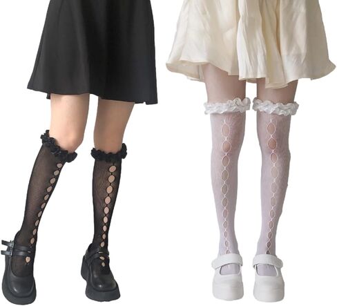 2 زوج المرأة لوليتا جوارب الفخذ العليا الدانتيل يصل فوق الركبة الجوف خارج الجوارب القوطية مثير in Kuwait