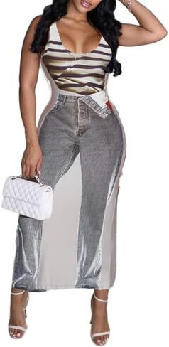 فستان جينز نسائي كاجوال رقمي من DOUCIU فستان ثلاثي الأبعاد مطبوع على الجسم بدون أكمام ورقبة على شكل حرف U فساتين منخفضة القطع بخصر عالٍ in Kuwait