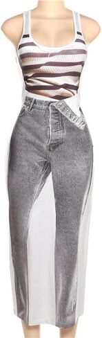 فستان جينز نسائي كاجوال رقمي من DOUCIU فستان ثلاثي الأبعاد مطبوع على الجسم بدون أكمام ورقبة على شكل حرف U فساتين منخفضة القطع بخصر عالٍ in Kuwait