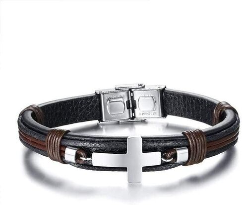 LG Gifts Ltd. سوار متقاطع للرجال مصنوع من الجلد الأسود والبني والفولاذ المقاوم للصدأ | هدية دينية للرجال in Kuwait