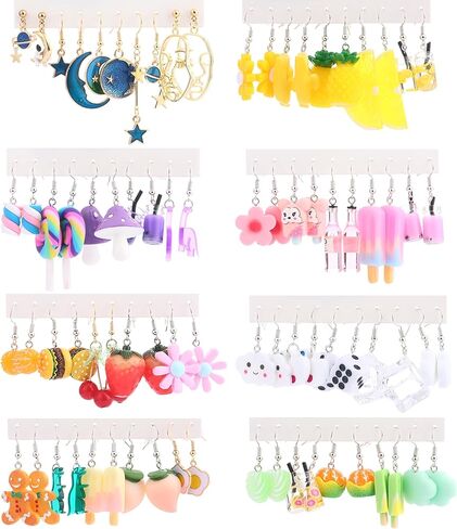 SONNYX 40 زوجًا من الأقراط اللطيفة والغريبة للنساء أقراط كاواي المضحكة أقراط متدلية تشمل كوكب رائد الفضاء والقمر والنجوم وجه الدب وزهور الفطر والأقراط الجمالية الحيوانية السائبة in Kuwait