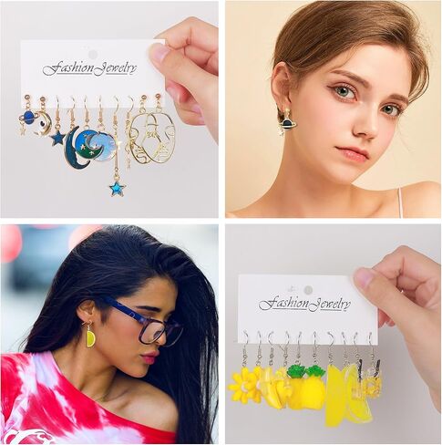 SONNYX 40 زوجًا من الأقراط اللطيفة والغريبة للنساء أقراط كاواي المضحكة أقراط متدلية تشمل كوكب رائد الفضاء والقمر والنجوم وجه الدب وزهور الفطر والأقراط الجمالية الحيوانية السائبة in Kuwait