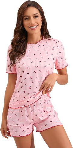 SweatyRocks Women's 2 Piece Graphic Print Lettuce Trim Round Neck Tee Shirts and Shorts Set Loungewear Pajama Set in Saudi Arabia