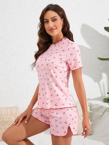 SweatyRocks Women's 2 Piece Graphic Print Lettuce Trim Round Neck Tee Shirts and Shorts Set Loungewear Pajama Set in Saudi Arabia