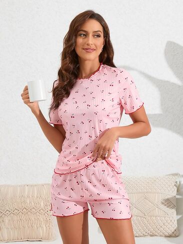 SweatyRocks Women's 2 Piece Graphic Print Lettuce Trim Round Neck Tee Shirts and Shorts Set Loungewear Pajama Set in Saudi Arabia