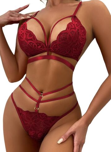 ملابس داخلية مثيرة للنساء من Ella Lust - حمالة صدر دانتيل زهرية رقيقة ولباس داخلي متطابق مع حلقة غريبة مكونة من قطعتين in Kuwait