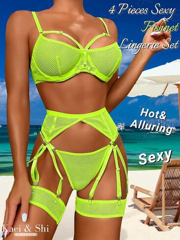 Kaei&Shi Strappy Fishnet Garter، حزام الفخذ، ملابس داخلية بيكابو عالية الخصر 4 قطع in Saudi Arabia