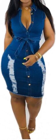 Sunyastor Women's Sexy Bodycon Denim Dress Sleeveless Summer Party Club Mini Dress with Button Down Beach Dress S-XXXL Blue in Saudi Arabia