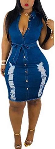 Sunyastor Women's Sexy Bodycon Denim Dress Sleeveless Summer Party Club Mini Dress with Button Down Beach Dress S-XXXL Blue in Saudi Arabia