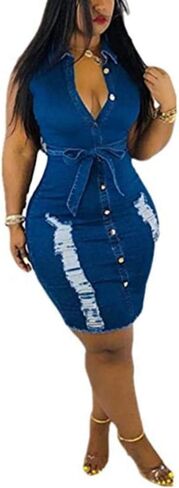 Sunyastor Women's Sexy Bodycon Denim Dress Sleeveless Summer Party Club Mini Dress with Button Down Beach Dress S-XXXL Blue in Saudi Arabia