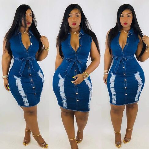 Sunyastor Women's Sexy Bodycon Denim Dress Sleeveless Summer Party Club Mini Dress with Button Down Beach Dress S-XXXL Blue in Saudi Arabia