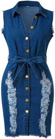 Sunyastor Women's Sexy Bodycon Denim Dress Sleeveless Summer Party Club Mini Dress with Button Down Beach Dress S-XXXL Blue in Saudi Arabia