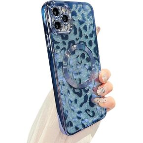 for iPhone 15 Pro Max Case Magnetic,Soft Cute Luxury Leopard Cheetah Pattern Plating Glitter Bling Phone Case Compatible with MagSafe Clear Shockproof Back Cover for Women Girl 6.7"-Black in Kuwait
