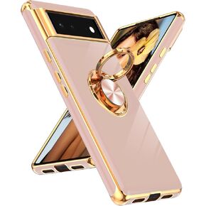 LeYi for Google Pixel 6 Case: 360° Rotatable Ring Holder Magnetic Kickstand, Plating Rose Gold Edge Protective Google Pixel 6 Case, Pink
