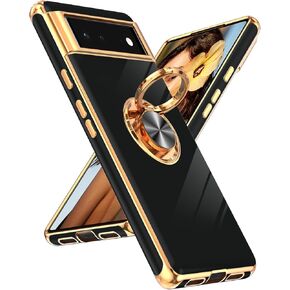 LeYi for Google Pixel 6 Case: 360° Rotatable Ring Holder Magnetic Kickstand, Plating Rose Gold Edge Protective Google Pixel 6 Case, Pink