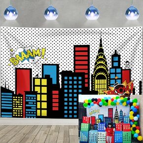 Superhero Super City Backdrop Skyline Building City Supermen Theme Kids Photography Background Newborn Baby Shower Boy Birthday Party Cake Table Decoration Photo Props (7x5FT(210cm x 150cm))