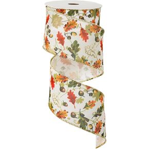 Fall Wired Edge Ribbon Orange Blue Autumn Leaves Fabric Ribbon Watercolor Boho Leaf Craft Ribbon for Thanksgiving Farmhouse Wreath Bow Making Gift Wrapping, 12 Yard