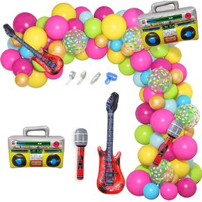 Amandir 90s 80s Theme Party Decorations, 90Pcs Balloon Arch Kit 6PCS Inflatable Retro Disco Ball Microphone Rainbow Roller Skate Boom Box Guitar Balloon for Back to 90s 80s Hip Hop Birthday Supplies