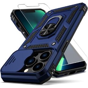 for iPhone 13 Pro Case,with Camera Lens Cover HD Screen Protector,[Military Grade] Ring Car Mount Kickstand Hybrid Hard PC Soft TPU Shockproof Protective Case for iPhone 13 Pro, Blue