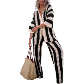 NIFTRIRY Women Cover Up Sets Button Up Tops with Pants Crochet Set Outfit 2 Piece Outfits Vacation Outfits Black L