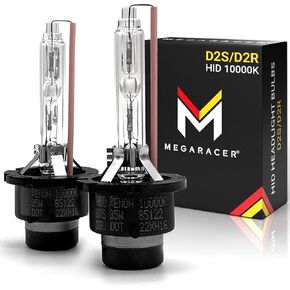 مصابيح Mega Racer D2S HID، 10000K أزرق داكن، 85122 66240 66040، مصابيح أمامية D2R HID، 12 فولت 35 وات، شعاع منخفض، استبدال لمبات المصابيح الأمامية زينون HID، قاعدة دعامات معدنية، عبوتان