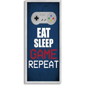 Stupell Industries Eat Sleep Game Repeat Pixel Typography وحدة تحكم عتيقة، صممها Kim Allen Gray مؤطرة جدار الفن، 13 × 30، أزرق in Saudi Arabia