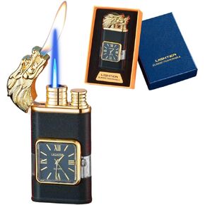 Torch Lighter, Magic Dual Flame Lighter with Quartz Watch, Windproof Lighter with Visible Fuel Tank, Adjustable Flame Refillable Butane Lighter for Men Women Friends Gifts (without Butane)- Gold-g