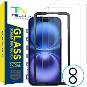 Tech Armor iPhone 15 Pro Max Screen Protector 6.7 Inch - Ballistic Tempered Glass, Case Friendly, Sensor Protection, HD, 9H Hardness, 3 Pack + Bonus Camera Lens Protector