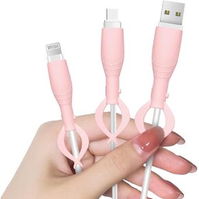 CameCosy Cute Cable Protector for iPhone Android USB Type-C Charger,3 PCS Soft Silicone Charging Cable Protector Cord Saver Data Cable Organizer Cable Strap - Pink Blue