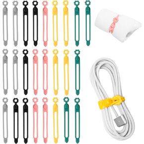 25Pcs Silicone Cable Straps Wire Organizer Reusable Elastic Data Cable Straps Earbuds Cords Winder Tools for Earphone Audio Computer Phone Charger Mouse(Grey, Black, Pink, Yellow, Green)