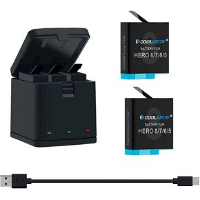 Hero 8 Battery Hero 7/6/5 Black Battery 2 Packs 1220mAh with Battery Protection Case and Triple Hero 8 Battery Charger Bundle Compatible with Hero 8 7 6 5 Black,Hero 2018 (2 Batteries and Charger)