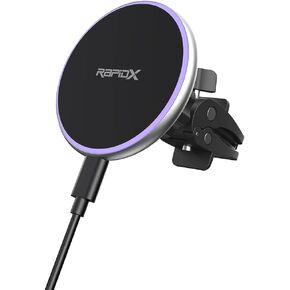 RapidX Dashio MW2 Car Vent Mount & Magnetic Wireless Charger Circle, up to 15W, for iPhone 15/14/13/12 & Newer, or Other iPhone/Android with MagSafe/Magnetic Case