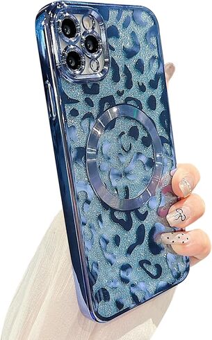 for iPhone 15 Pro Max Case Magnetic,Soft Cute Luxury Leopard Cheetah Pattern Plating Glitter Bling Phone Case Compatible with MagSafe Clear Shockproof Back Cover for Women Girl 6.7"-Black in Kuwait