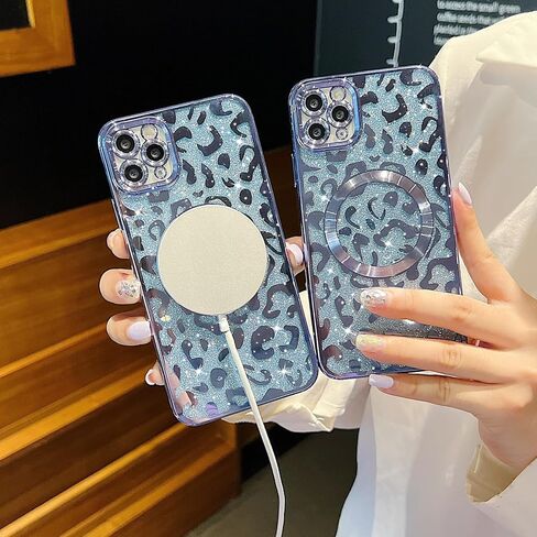 for iPhone 15 Pro Max Case Magnetic,Soft Cute Luxury Leopard Cheetah Pattern Plating Glitter Bling Phone Case Compatible with MagSafe Clear Shockproof Back Cover for Women Girl 6.7"-Black in Kuwait