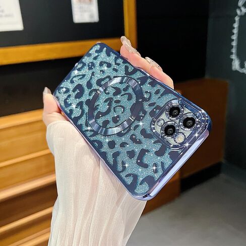 for iPhone 15 Pro Max Case Magnetic,Soft Cute Luxury Leopard Cheetah Pattern Plating Glitter Bling Phone Case Compatible with MagSafe Clear Shockproof Back Cover for Women Girl 6.7"-Black in Kuwait