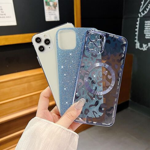 for iPhone 15 Pro Max Case Magnetic,Soft Cute Luxury Leopard Cheetah Pattern Plating Glitter Bling Phone Case Compatible with MagSafe Clear Shockproof Back Cover for Women Girl 6.7"-Black in Kuwait