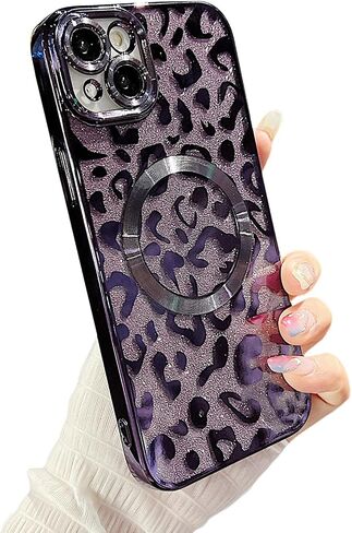 for iPhone 15 Pro Max Case Magnetic,Soft Cute Luxury Leopard Cheetah Pattern Plating Glitter Bling Phone Case Compatible with MagSafe Clear Shockproof Back Cover for Women Girl 6.7"-Black in Kuwait