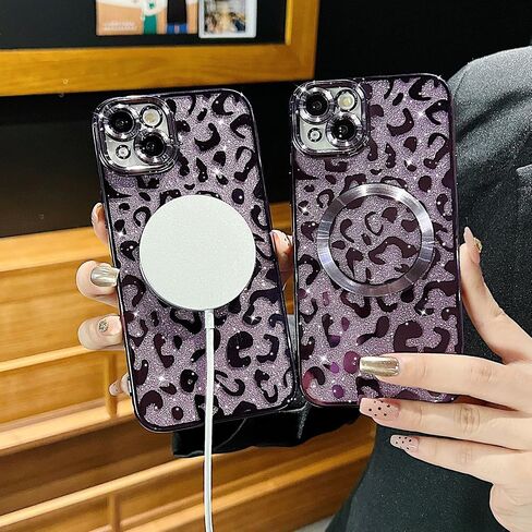 for iPhone 15 Pro Max Case Magnetic,Soft Cute Luxury Leopard Cheetah Pattern Plating Glitter Bling Phone Case Compatible with MagSafe Clear Shockproof Back Cover for Women Girl 6.7"-Black in Kuwait