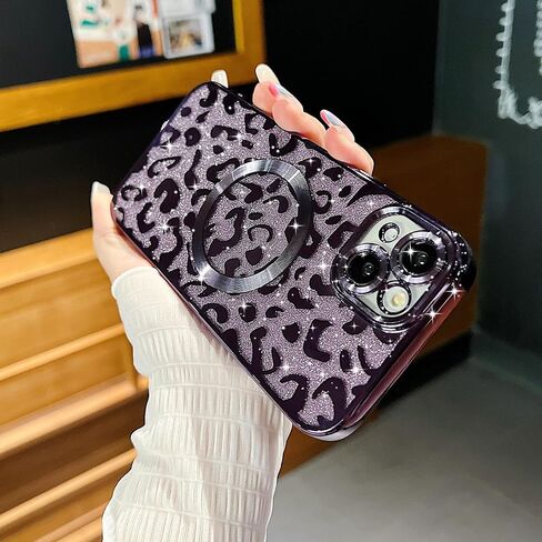 for iPhone 15 Pro Max Case Magnetic,Soft Cute Luxury Leopard Cheetah Pattern Plating Glitter Bling Phone Case Compatible with MagSafe Clear Shockproof Back Cover for Women Girl 6.7"-Black in Kuwait