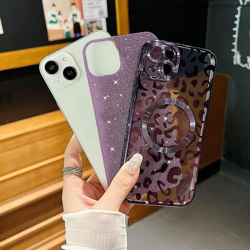 for iPhone 15 Pro Max Case Magnetic,Soft Cute Luxury Leopard Cheetah Pattern Plating Glitter Bling Phone Case Compatible with MagSafe Clear Shockproof Back Cover for Women Girl 6.7"-Black in Kuwait