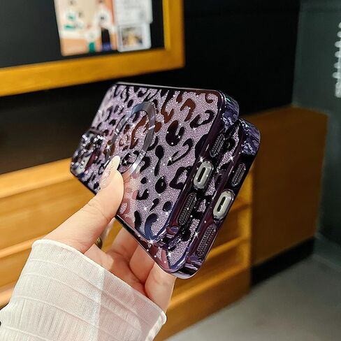 for iPhone 15 Pro Max Case Magnetic,Soft Cute Luxury Leopard Cheetah Pattern Plating Glitter Bling Phone Case Compatible with MagSafe Clear Shockproof Back Cover for Women Girl 6.7"-Black in Kuwait