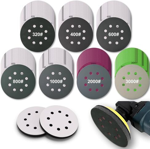5 inch Sanding Discs, 8 Holes Hook & Loop Wet Dry Sandpaper, 101pcs Orbital Sander Pads 80 180 240 400 600 800 1000 1500 2000 3000 Grit with Foam Pad, Sandpaper Assortment for Car Wood Metal in Kuwait