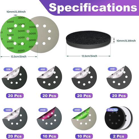 5 inch Sanding Discs, 8 Holes Hook & Loop Wet Dry Sandpaper, 101pcs Orbital Sander Pads 80 180 240 400 600 800 1000 1500 2000 3000 Grit with Foam Pad, Sandpaper Assortment for Car Wood Metal in Kuwait