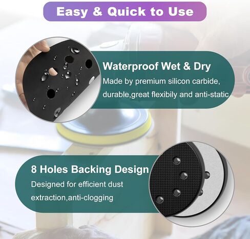 5 inch Sanding Discs, 8 Holes Hook & Loop Wet Dry Sandpaper, 101pcs Orbital Sander Pads 80 180 240 400 600 800 1000 1500 2000 3000 Grit with Foam Pad, Sandpaper Assortment for Car Wood Metal in Kuwait