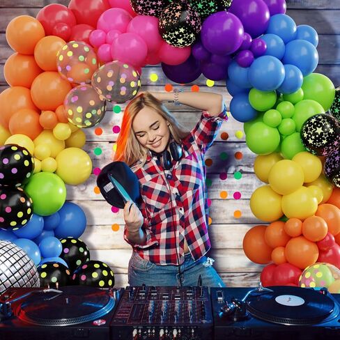 Amandir 90s 80s Theme Party Decorations, 90Pcs Balloon Arch Kit 6PCS Inflatable Retro Disco Ball Microphone Rainbow Roller Skate Boom Box Guitar Balloon for Back to 90s 80s Hip Hop Birthday Supplies in Saudi Arabia