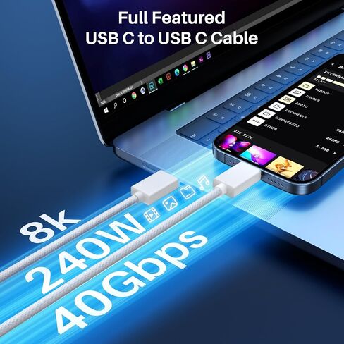 8K/4K USB C to USB C Monitor Cable 3.3FT, 40Gbps USB C Fast Data Transfer, USB C 3.2 Gen 2 Cable 240W Charging, USB C Cable Laptop to Monitor for MacBook Pro, iPad Pro 13/11,Lenovo,KYY White Woven in Saudi Arabia