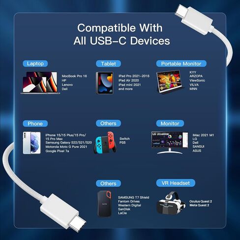 8K/4K USB C to USB C Monitor Cable 3.3FT, 40Gbps USB C Fast Data Transfer, USB C 3.2 Gen 2 Cable 240W Charging, USB C Cable Laptop to Monitor for MacBook Pro, iPad Pro 13/11,Lenovo,KYY White Woven in Saudi Arabia