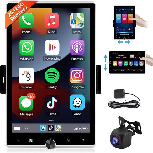 Podofo 10.4 Inch Android 13 Single Din Car Stereo with Wireless Carplay Android Auto 2G+64G, Touch Screen Car Radio GPS Navigation Bluetooth WiFi FM/RDS Radio USB/TF/AUX Backup Camera in Saudi Arabia